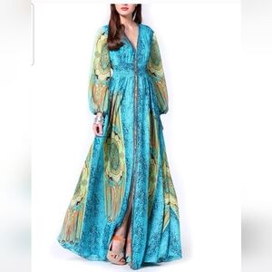 GRACIA Boho Satin Long Sleeve Printed Maci Dress In Blue/Green Multi. Size Small